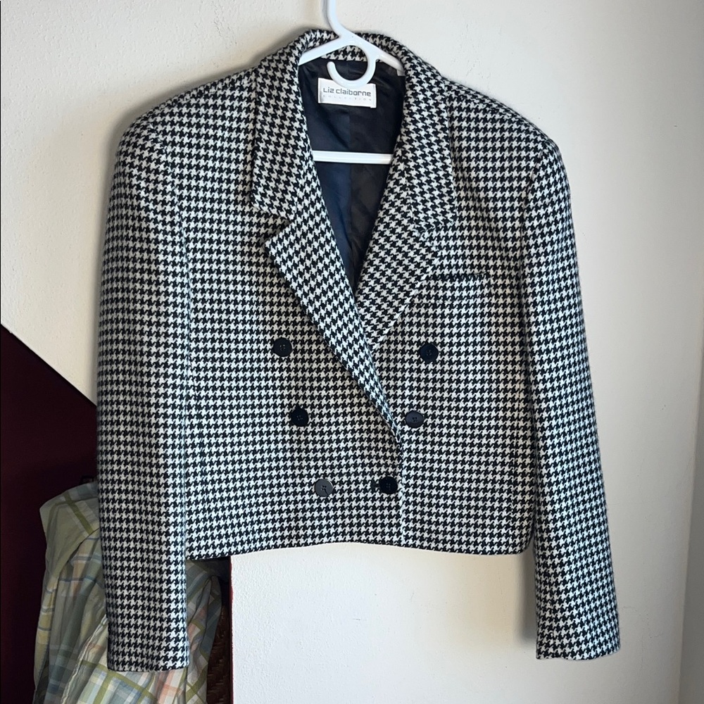 Liz Claiborne Black and White Cropped‎ Houndstooth Blazer 14 READ